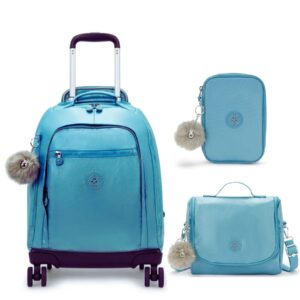 Kipling Mochila de Rodinha+Lancheira+Estojo Azul Metalico Kit