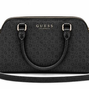 Guess Bolsa Média Satchel Preta Transversal  Com Monograma