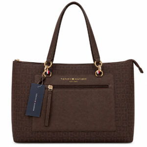 Tommy Hilfiger Bolsa De Ombro Tote - Cor Marrom Logo Dourado