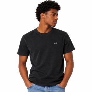 Hollister Camiseta Preta Estonado Ícone Bordado 100% Algodão
